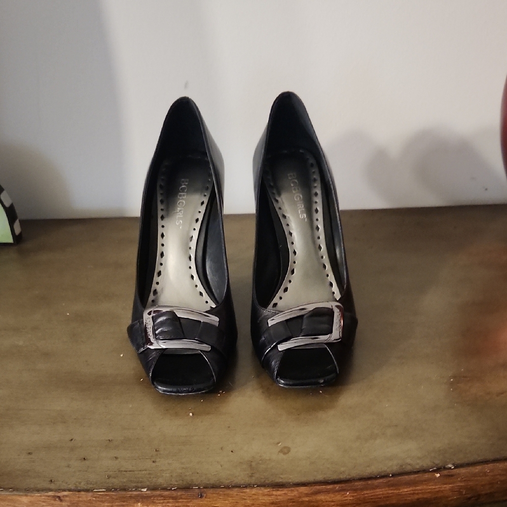 BCBGeneration Black Peep-Toe Heels with Buckle